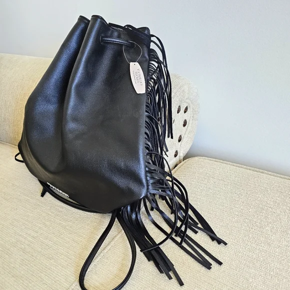 Victoria's Secret Black Vegan Leather Fringe Backpack Handbag Shoulder Bag NWT - Picture 9 of 15